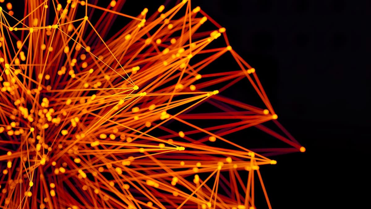 A visual representation of a computer network connected in orange and red