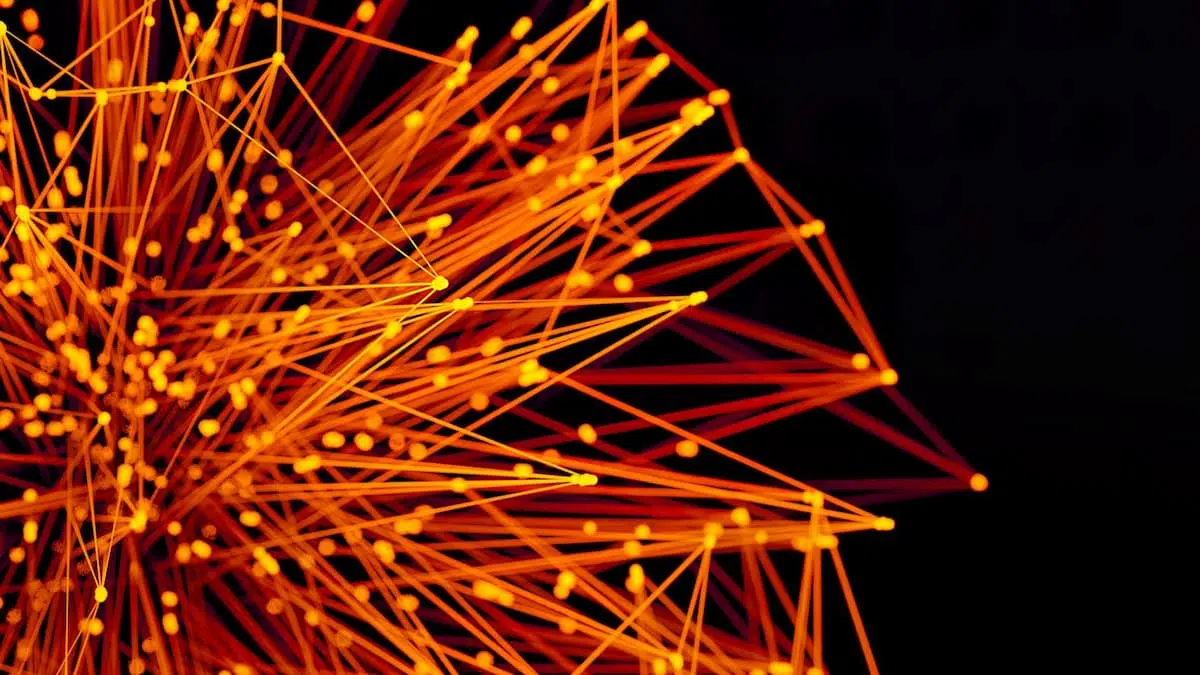 A visual representation of a computer network connected in orange and red